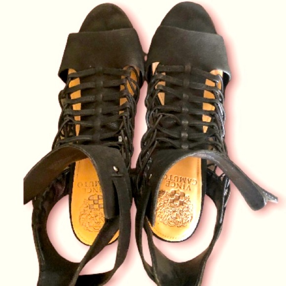 Vince Camuto Evel Gladiator Black Leather Strappy Cone Heel Caged Sandal 8.5 - Picture 3 of 12